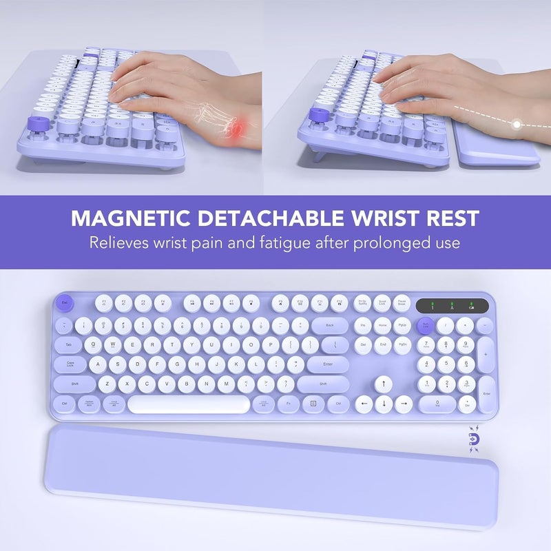 SABLUTE Wireless Keyboard, Round Keycaps, Retro Typewriter Keyboard with Detachable Wrist Rest, Sleep Mode, Foldable Legs, 2.4GHz Full-Size Cordless Computer Keyboard for Windows/PC/Laptop (Colorful-Purple) - Image 2